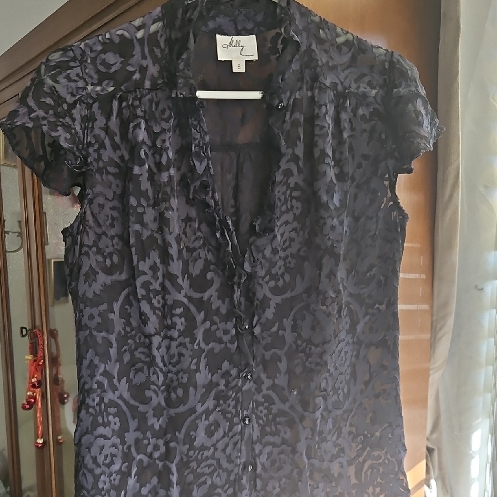 Milly Black Sheer Patterned Blouse